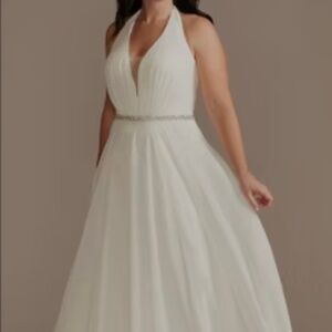 DB Studio Chiffon Halter Plunge Beaded Waist Wedding Gown, Size 16
